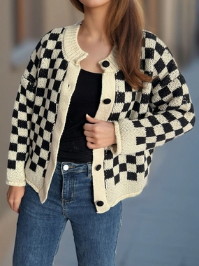 Limited Time Hot Deal Trending Now Offer Checkered Button Up Round Neck Cardigan