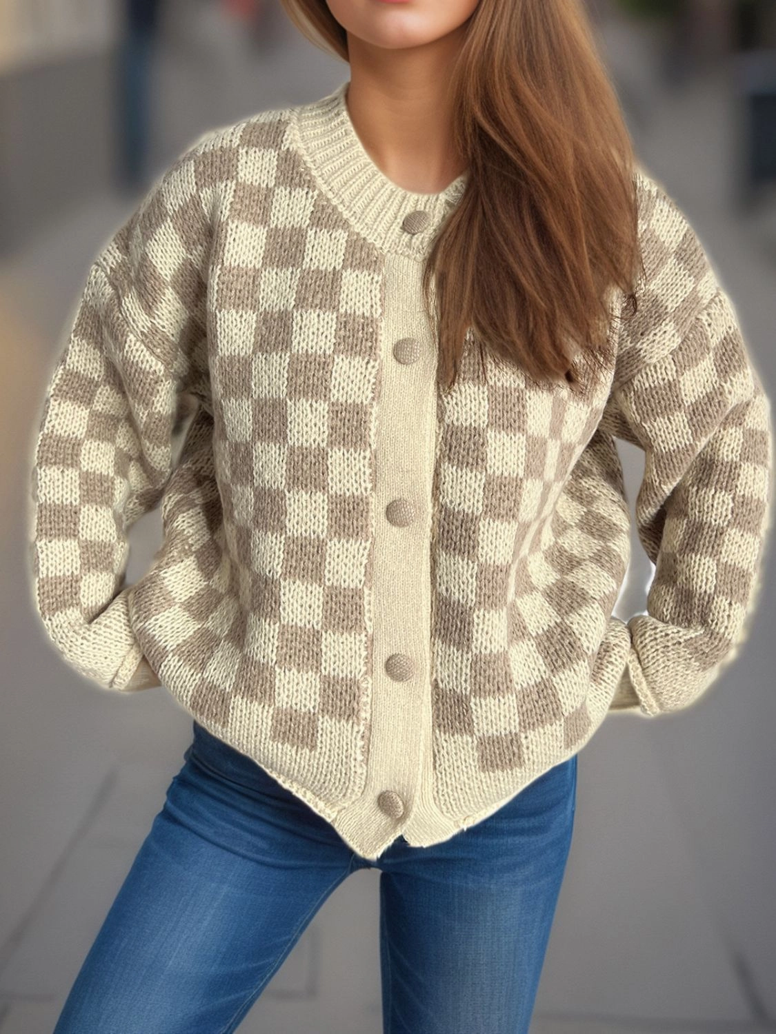 Checkered Button Up Round Neck Cardigan Dont Miss This Offer