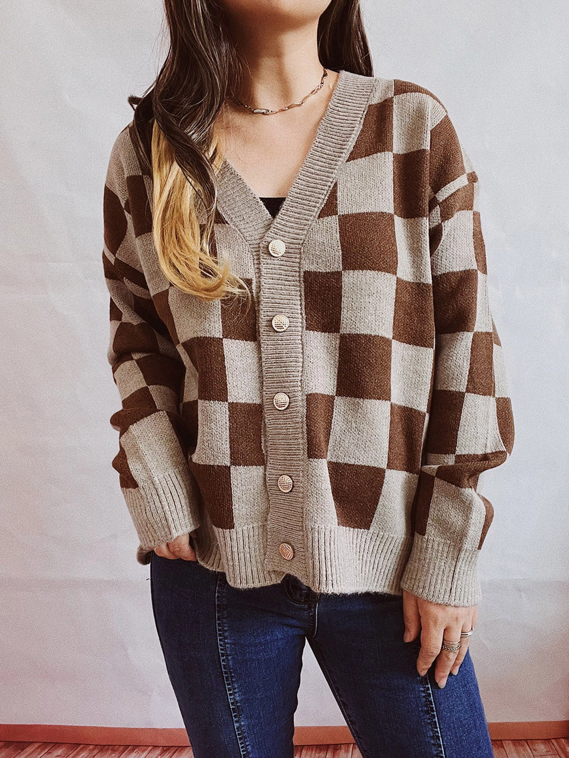 Shop the Best Deals Best Deal Today Checkered Open Front Button Up Cardigan