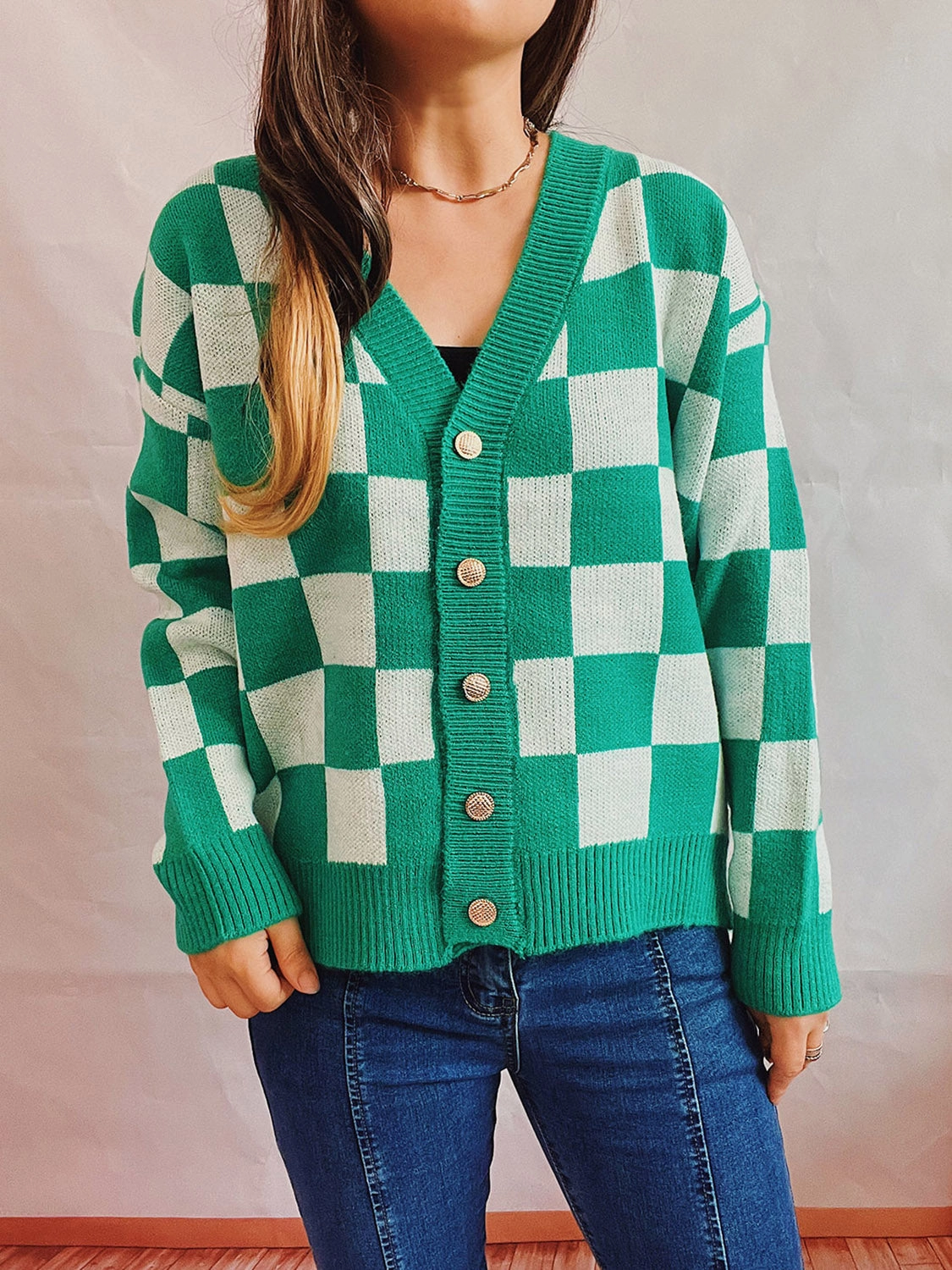 Online Exclusive Savings Checkered Open Front Button Up Cardigan