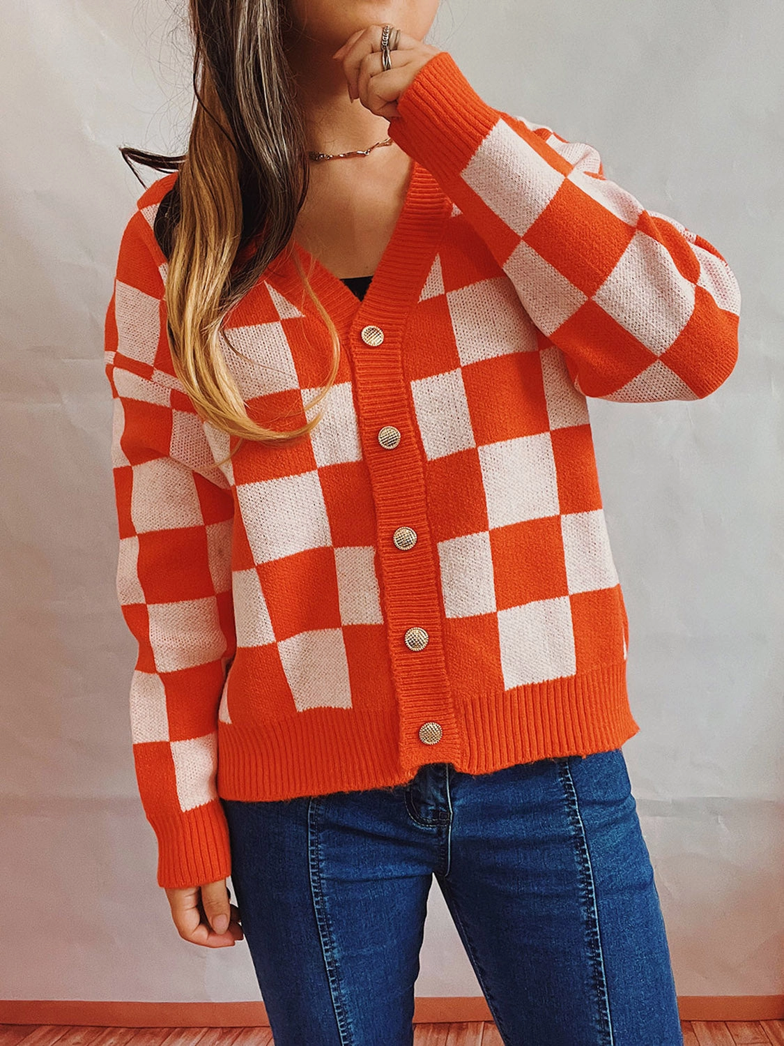 Checkered Open Front Button Up Cardigan Flash Sale Now