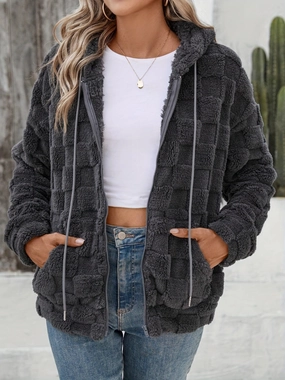 Mega Discount Today Today Only Discount Alert Checkered Texture Zip Up Drawstring Fuzzy Jacket