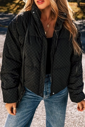 Checkered Turtleneck Zip Up Long Sleeve Winter Coat Instant Deal Today Big Savings Event
