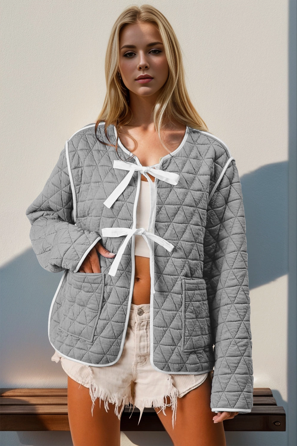 Double Take Contrast Trim Tie Front Quilted Jacket With Pockets Price Drop Alert