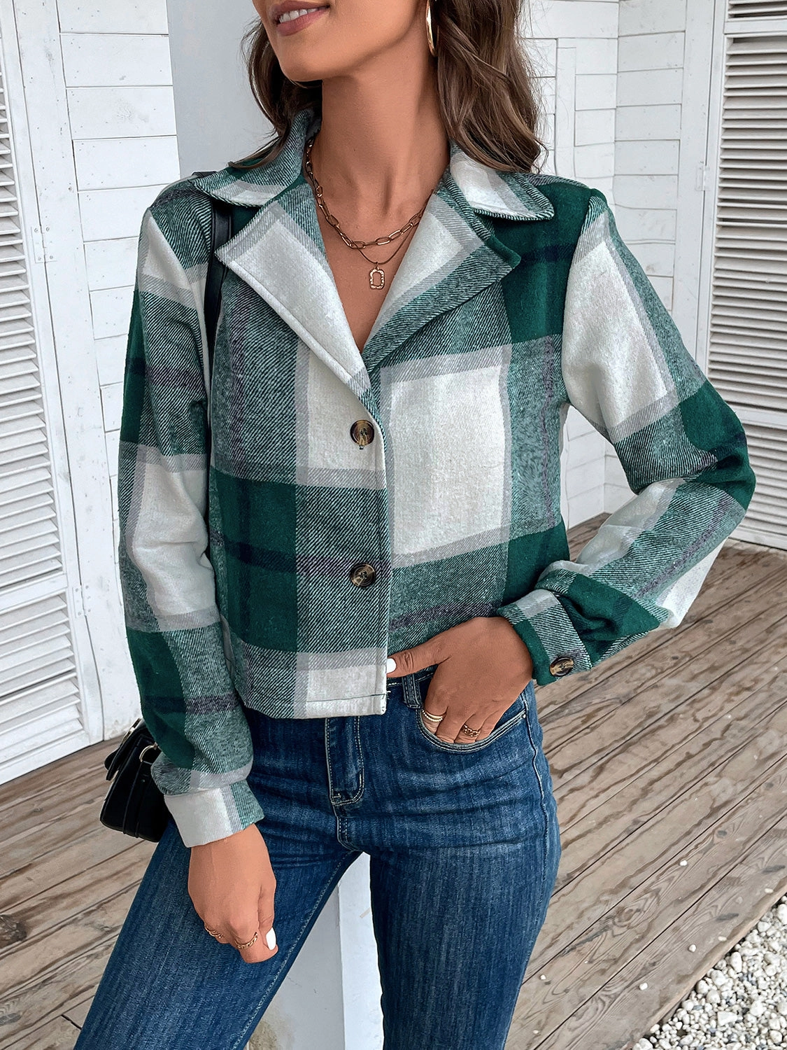 Perfee Plaid Collared Neck Button Up Long Sleeve Jacket Today Only Hot Pick