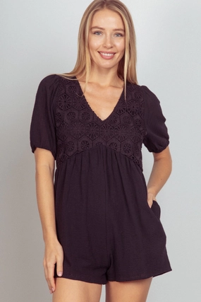Very J Lace Detail Puff Sleeve Romper With Pockets Grab the Deal Now