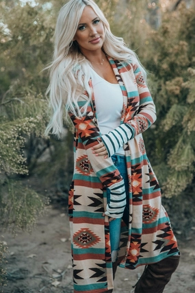 Hot Sale Today Multicolor Geometric Color Block Open Front Long Cardigan