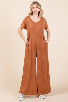 Bombom Ribbed Short Sleeve Wide Leg Jumpsuit Hot Sale Frenzy