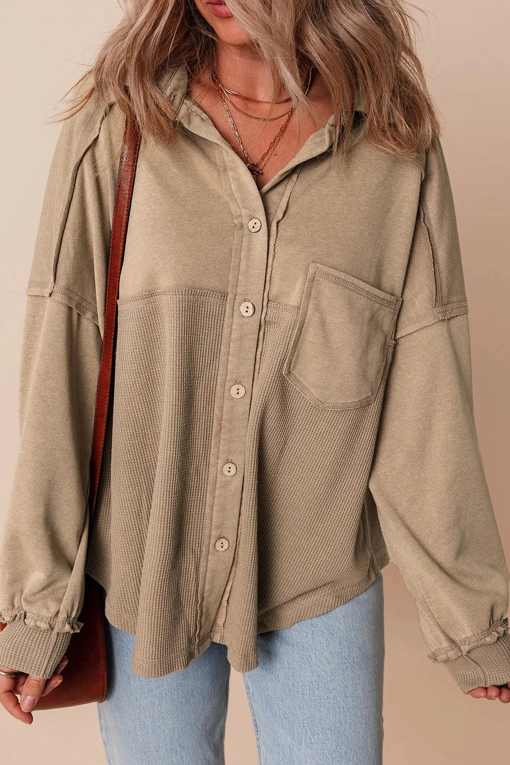 MustShop Sale Grab Your Hot Pick Waffle-Knit Collared Neck Long Sleeve Shacket