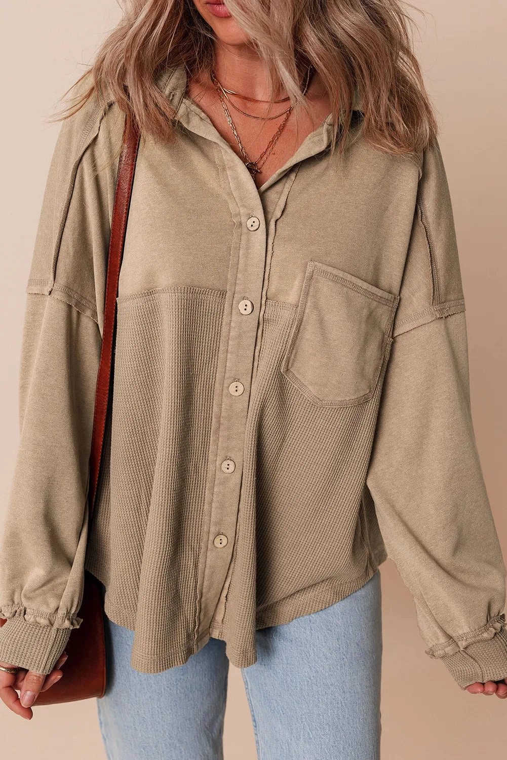 Waffle-Knit Collared Neck Long Sleeve Shacket Grab Your Hot Pick Hot Item Clearance
