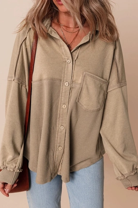 MustShop Sale Grab Your Hot Pick Waffle-Knit Collared Neck Long Sleeve Shacket