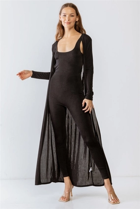 Black Sleeveless Cut-Out Detail Slim Fit Jumpsuit & Open Front Long Sleeve Cardigan Set Special Price Offer