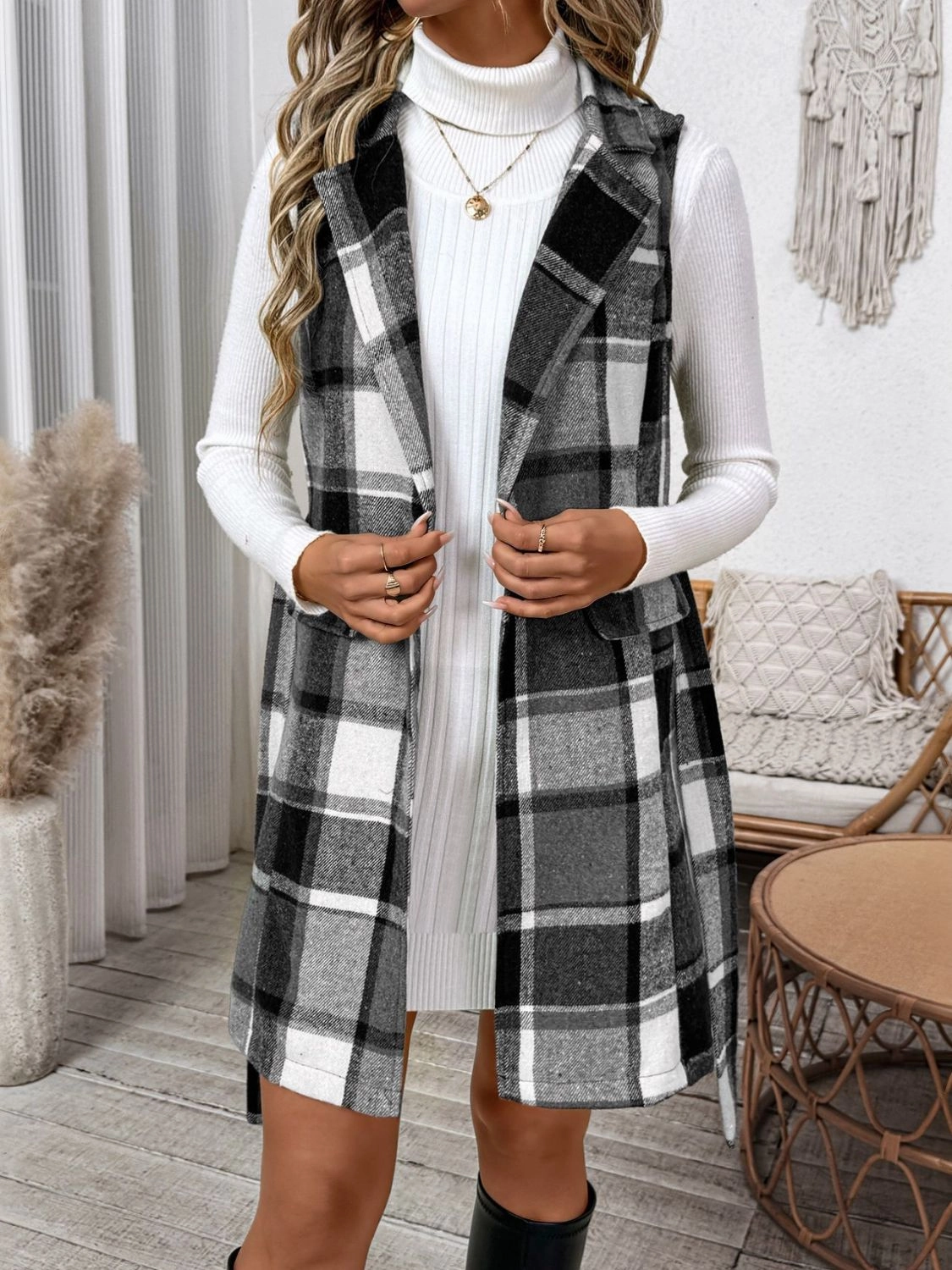 Perfee Tied Plaid Vest Coat Limited Stock Deals