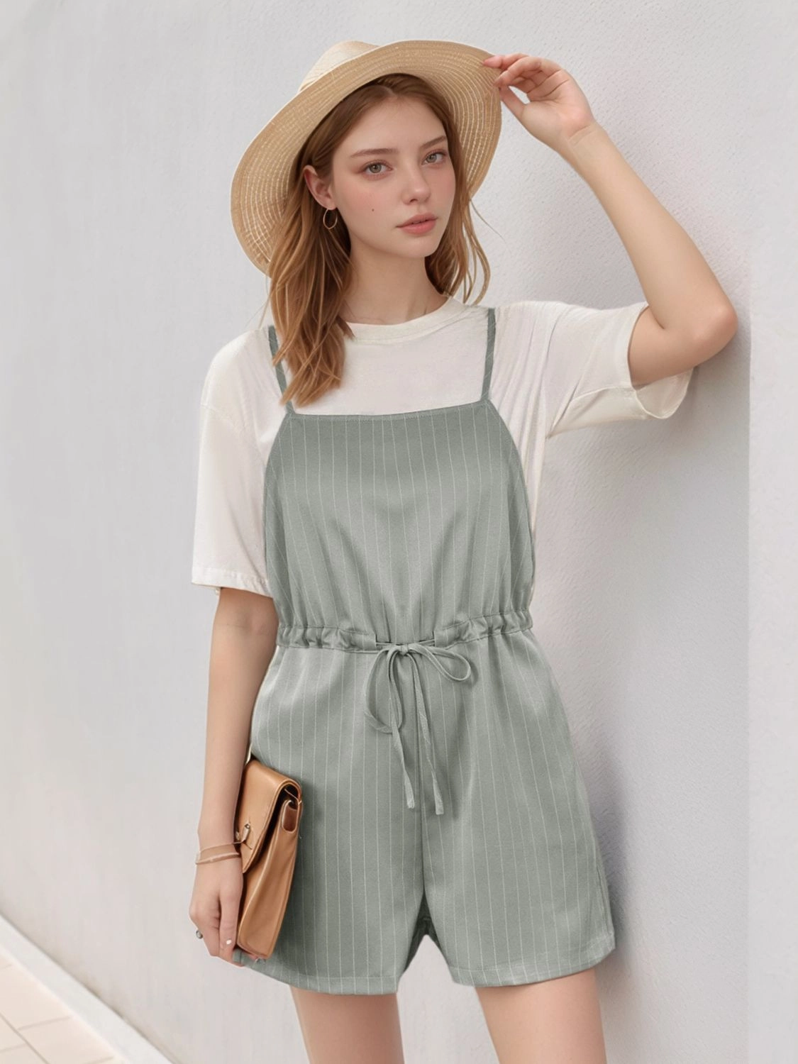 Special Online Offer Perfee Drawstring Waist Striped Overalls With Pockets