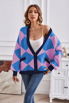 Geometric Lantern Sleeve Cardigan With Pockets Instant Hot Deal MustShop Sale