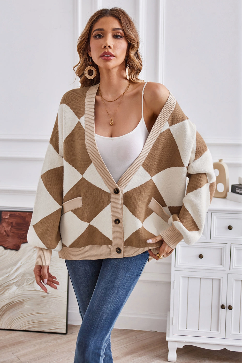 Geometric Lantern Sleeve Cardigan With Pockets Shop the Best Deals Today Only Steal