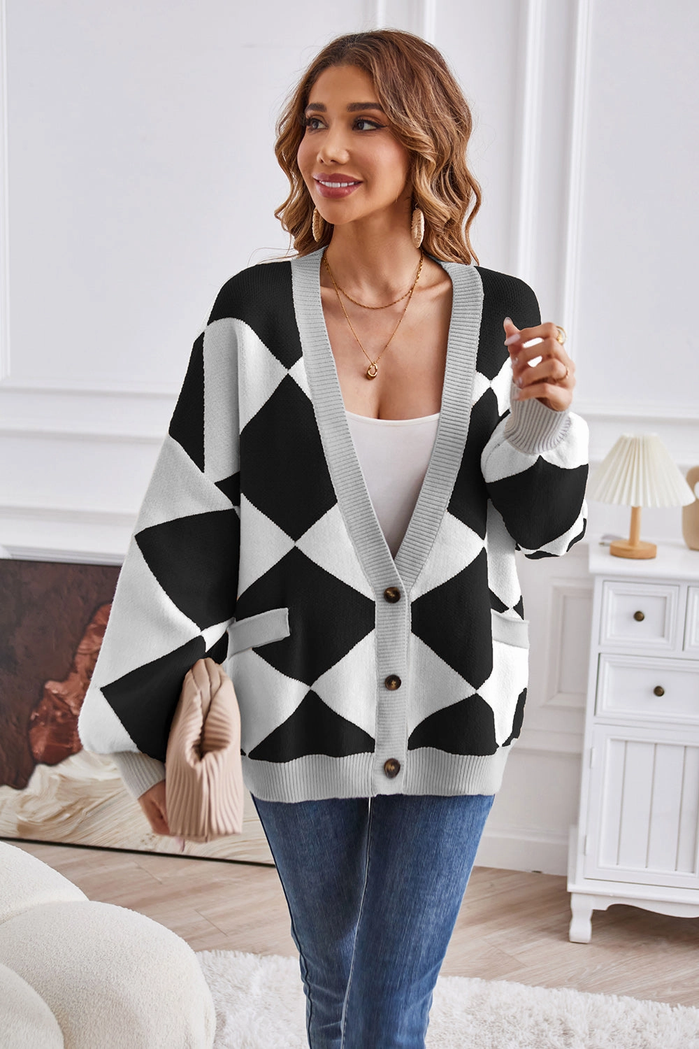 Geometric Lantern Sleeve Cardigan With Pockets Trendy Picks Today