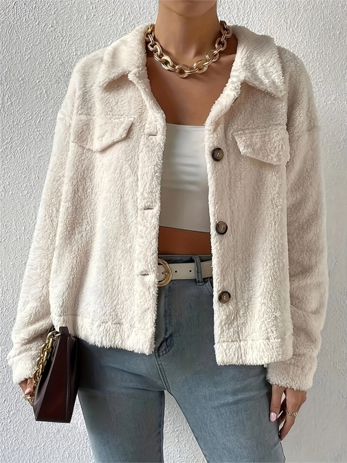 Collared Neck Button Up Jacket With Decorative Pocket Flaps Grab It Fast Best Price Online
