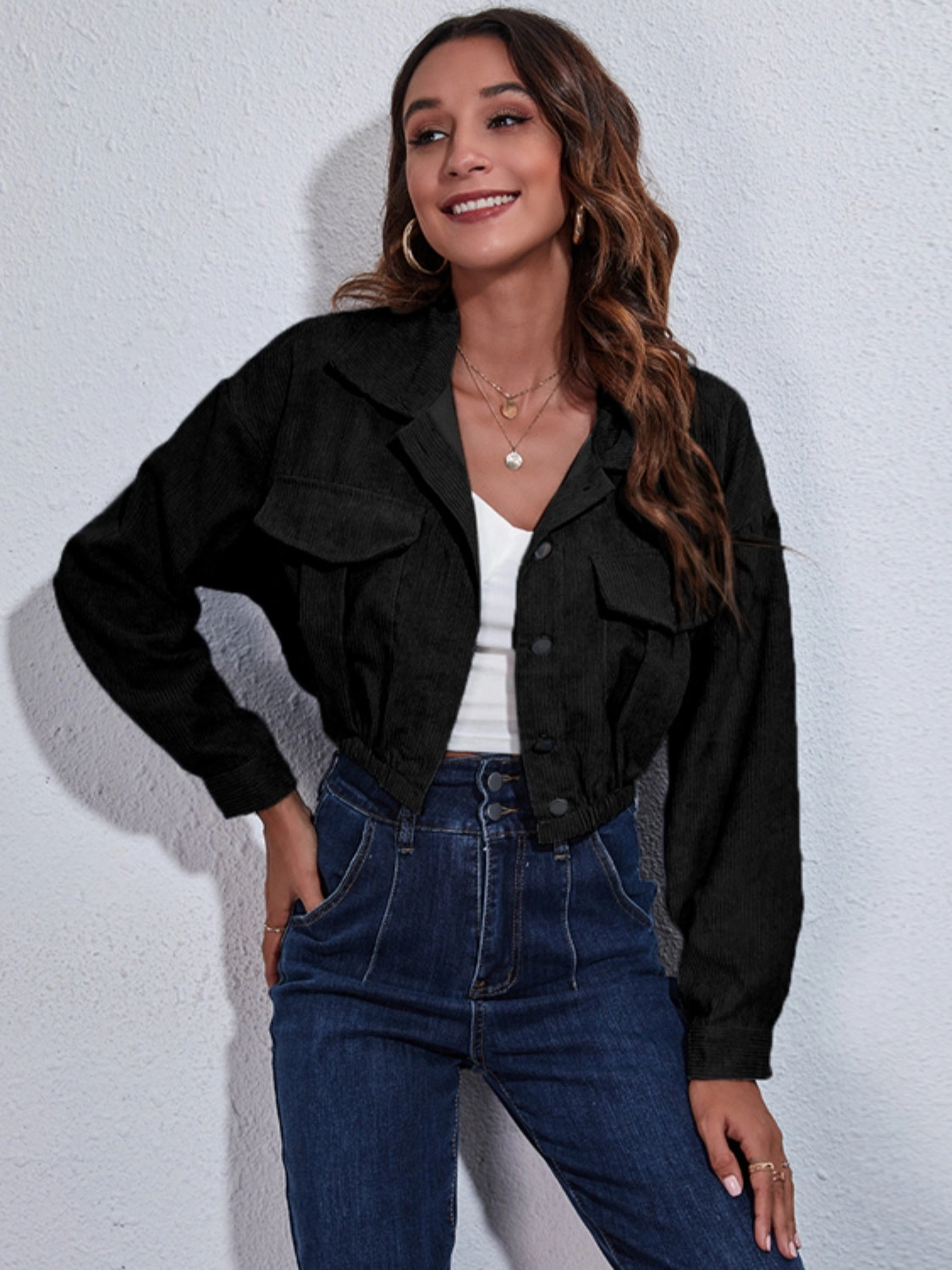Todays Hot Pick Collared Neck Dropped Shoulder Buttoned Jacket