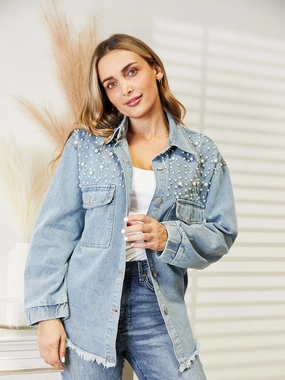 Collared Neck Raw Hem Dropped Shoulder Denim Jacket Limited Time Offer