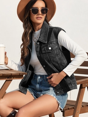 Collared Neck Sleeveless Denim Jacket Steal the Deal Now