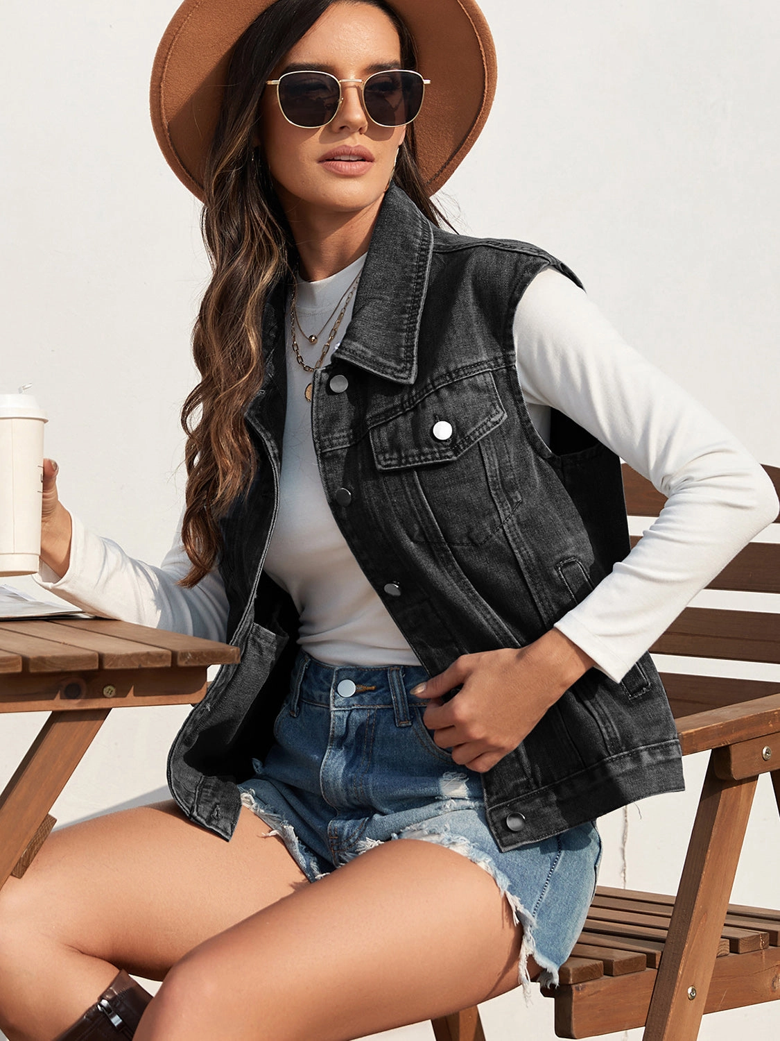 Dont Miss This Steal Exclusive Online Discount Collared Neck Sleeveless Denim Jacket