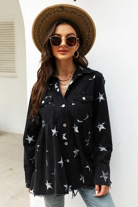 Collared Neck Star Print Long Sleeve Denim Jacket Special Offer Inside Instant Hot Deal