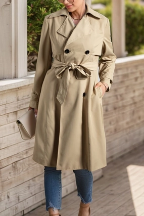 Save More Now Shop Grab Now Collared Neck Tie Waist Buttoned Long Sleeve Trench Coat