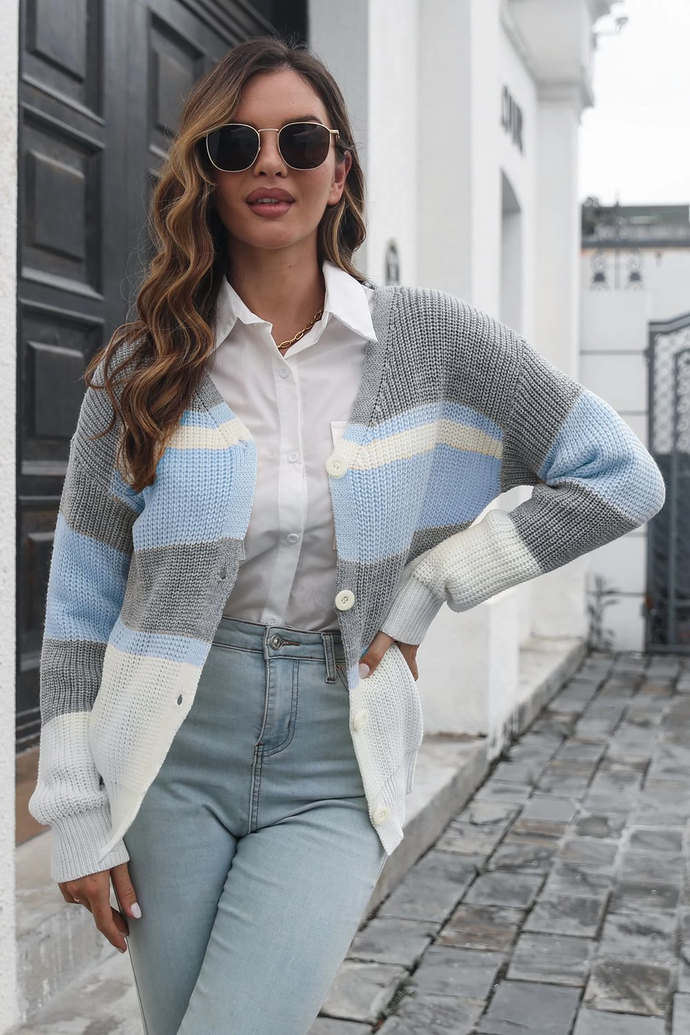 Instant Savings Deal Color Block Button Down Cardigan