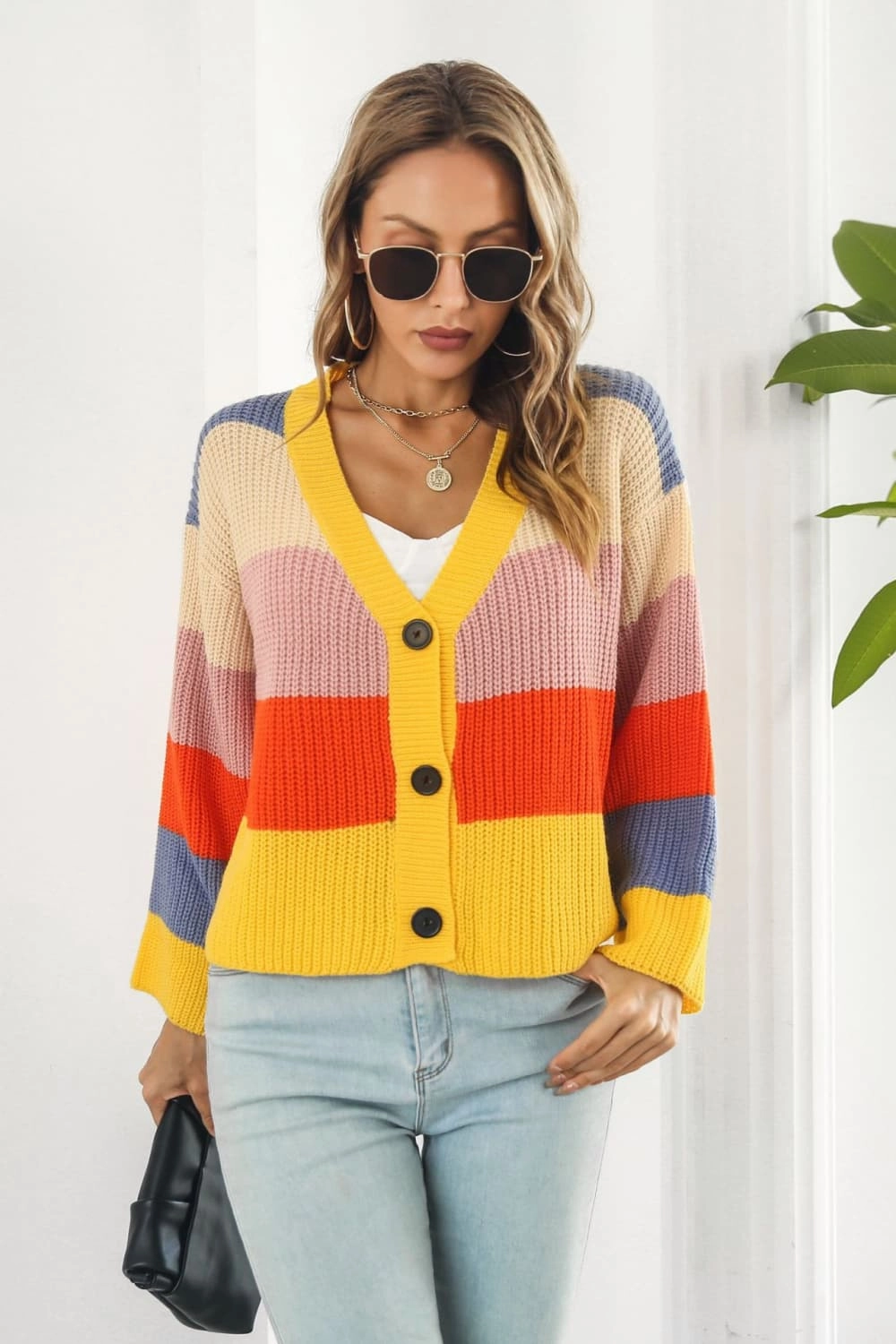 Color Block Button-Down Dropped Shoulder Cardigan Gift Sale Event