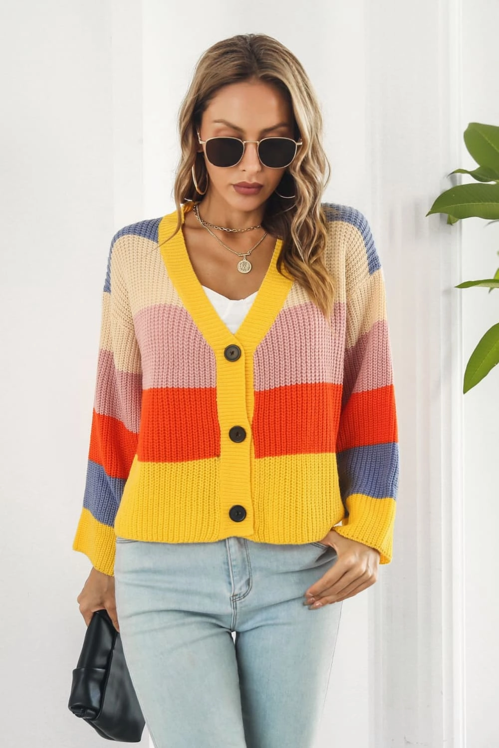 Color Block Button-Down Dropped Shoulder Cardigan Weekend Sale Special Price Drop Frenzy