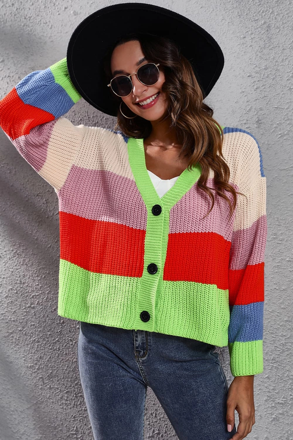 Sweet Deal Today Color Block Button-Down Dropped Shoulder Cardigan