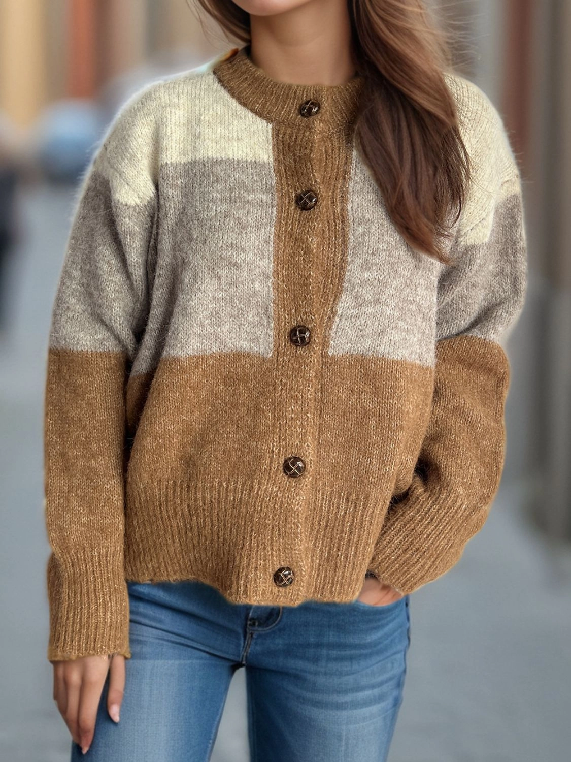 Color Block Round Neck Button Up Cardigan Limited Offer Alert Instant Hot Deal