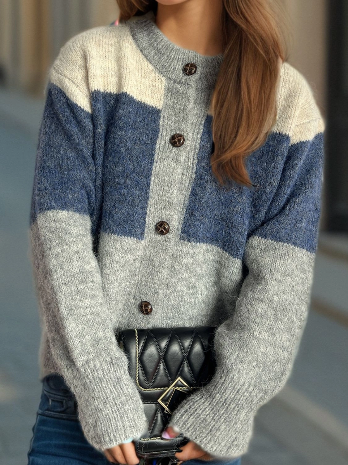 Color Block Round Neck Button Up Cardigan Dont Miss This Steal Online Deal Frenzy