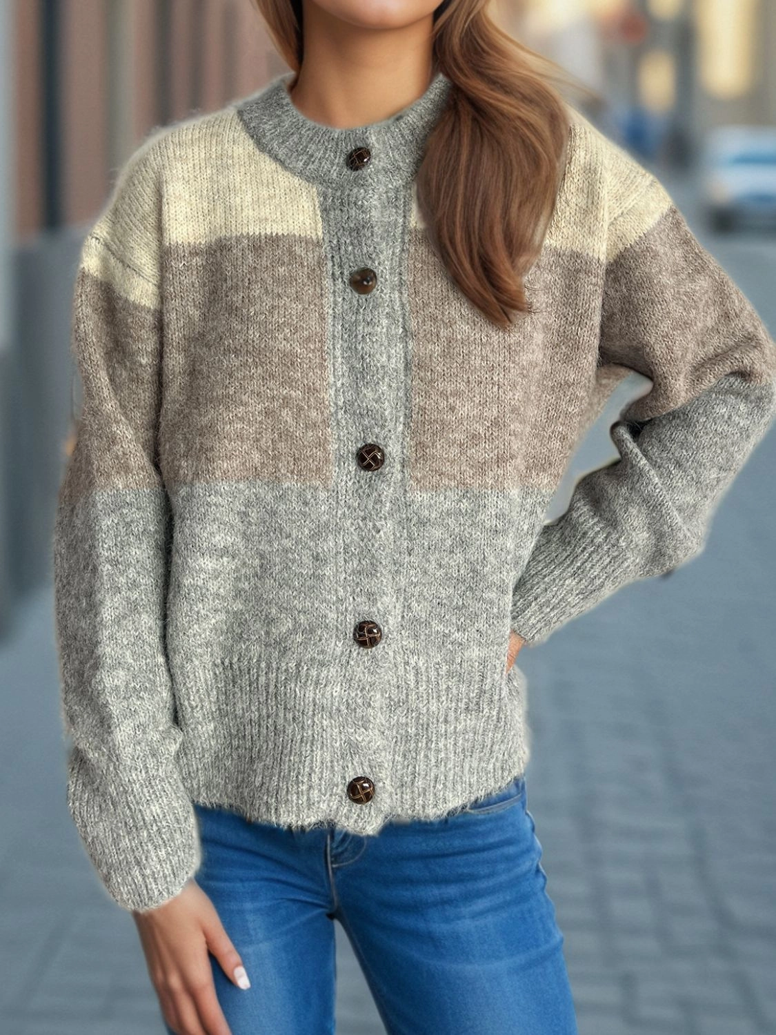 Color Block Round Neck Button Up Cardigan Today Only Special Hot Sale Today