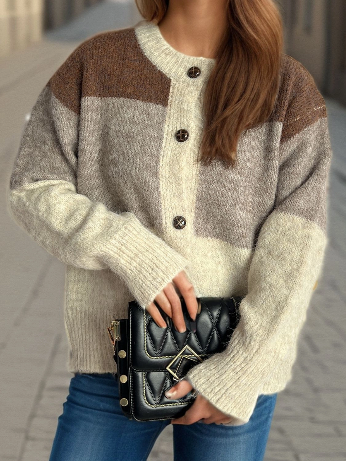 Price Drop Frenzy Exclusive Holiday Deal Color Block Round Neck Button Up Cardigan
