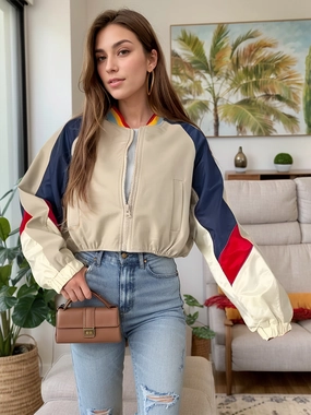 Contrast Baseball Collar Zip Up Long Sleeve Jacket Best Price Online