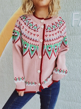 Shop Todays Picks Limited Offer Alert Contrast Geometric Round Neck Long Sleeve Cardigan