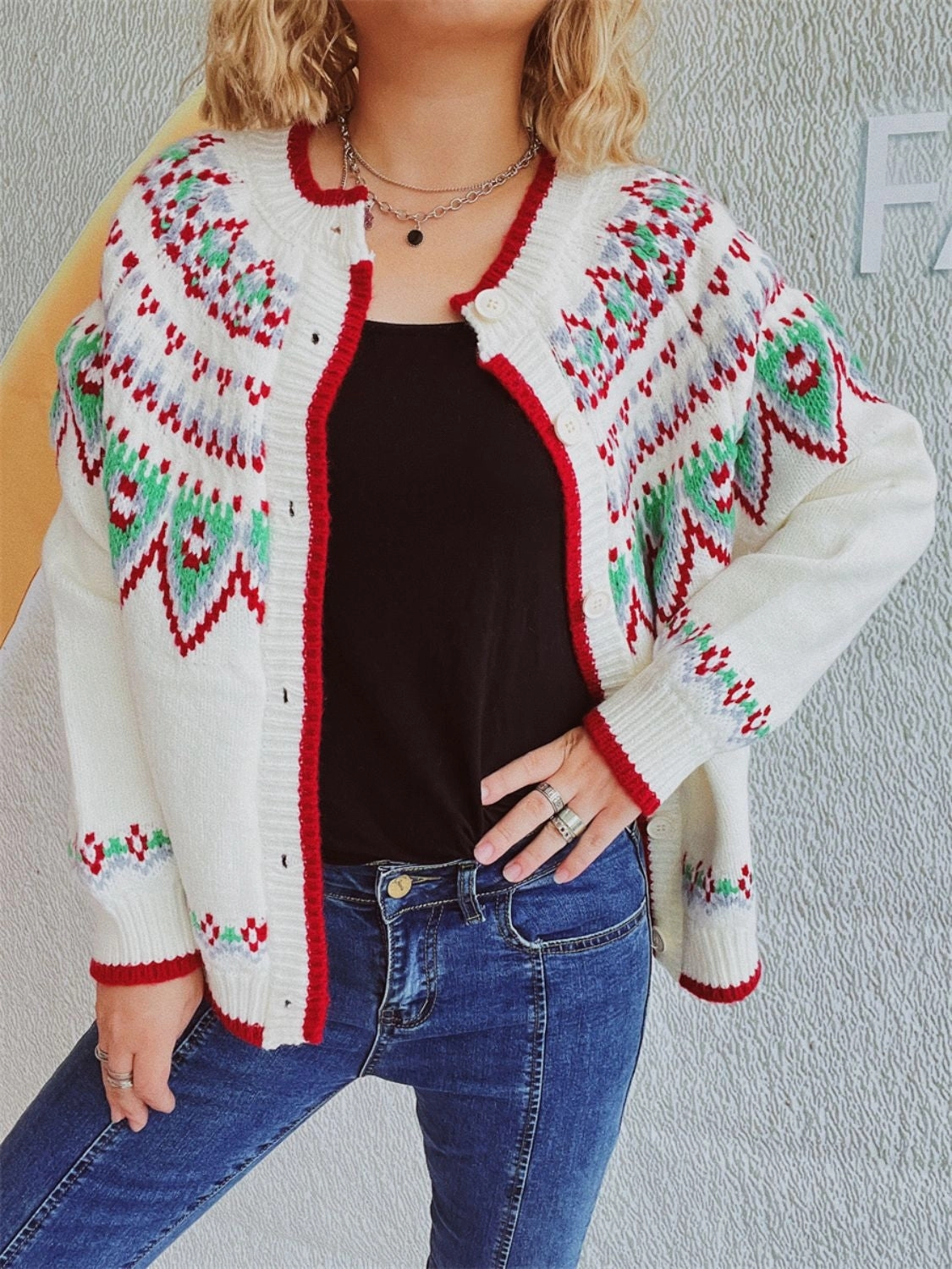 Limited Edition Offer Exclusive Hot Pick Contrast Geometric Round Neck Long Sleeve Cardigan