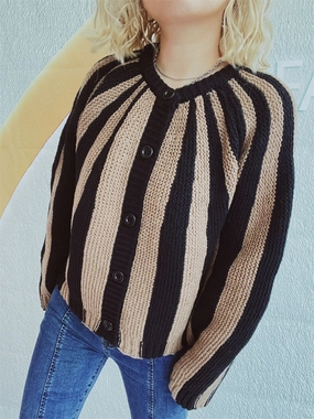 Contrast Stripes Button Down Long Sleeve Cardigan Hot Pick Online