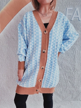 Contrast Trim Geometric Button Down Cardigan GiftWorthy Sale