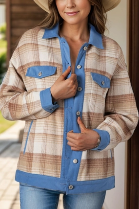 Hot Offer Ending Soon Instant Savings Inside Contrast Trim Plaid Collared Neck Shacket