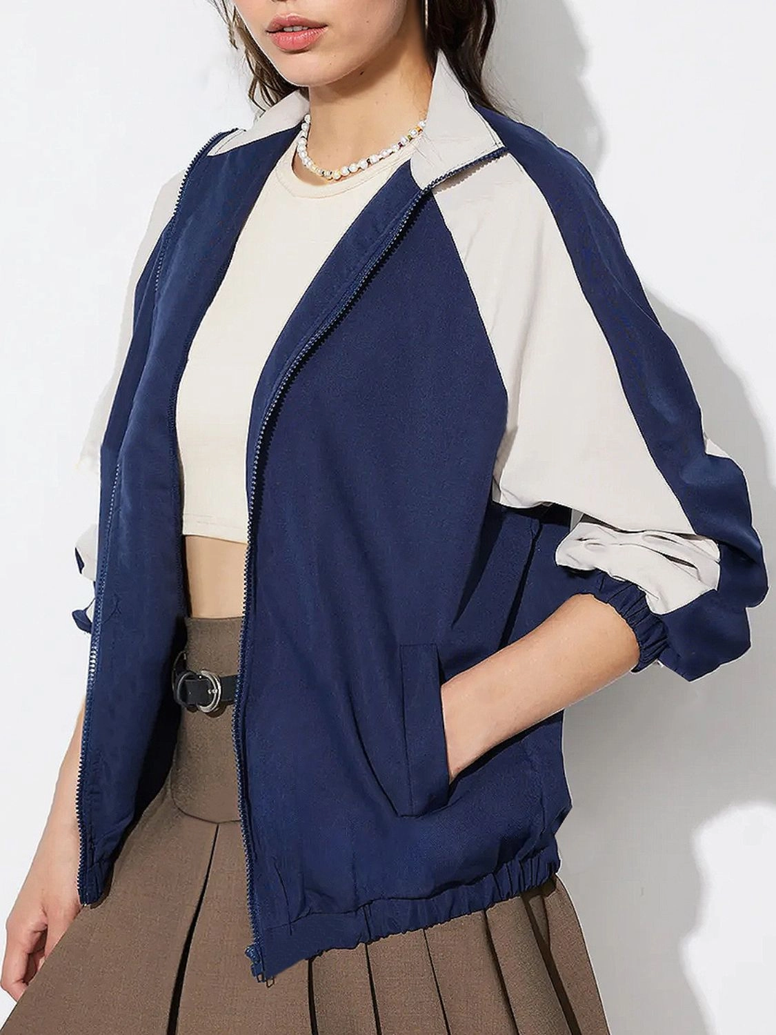 Contrast Zip Up Collared Neck Long Sleeve Jacket Trending Now Discount