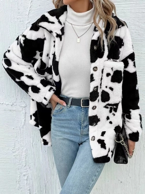Cow Print Collared Neck Button Up Fuzzy Jacket Special Deals Online