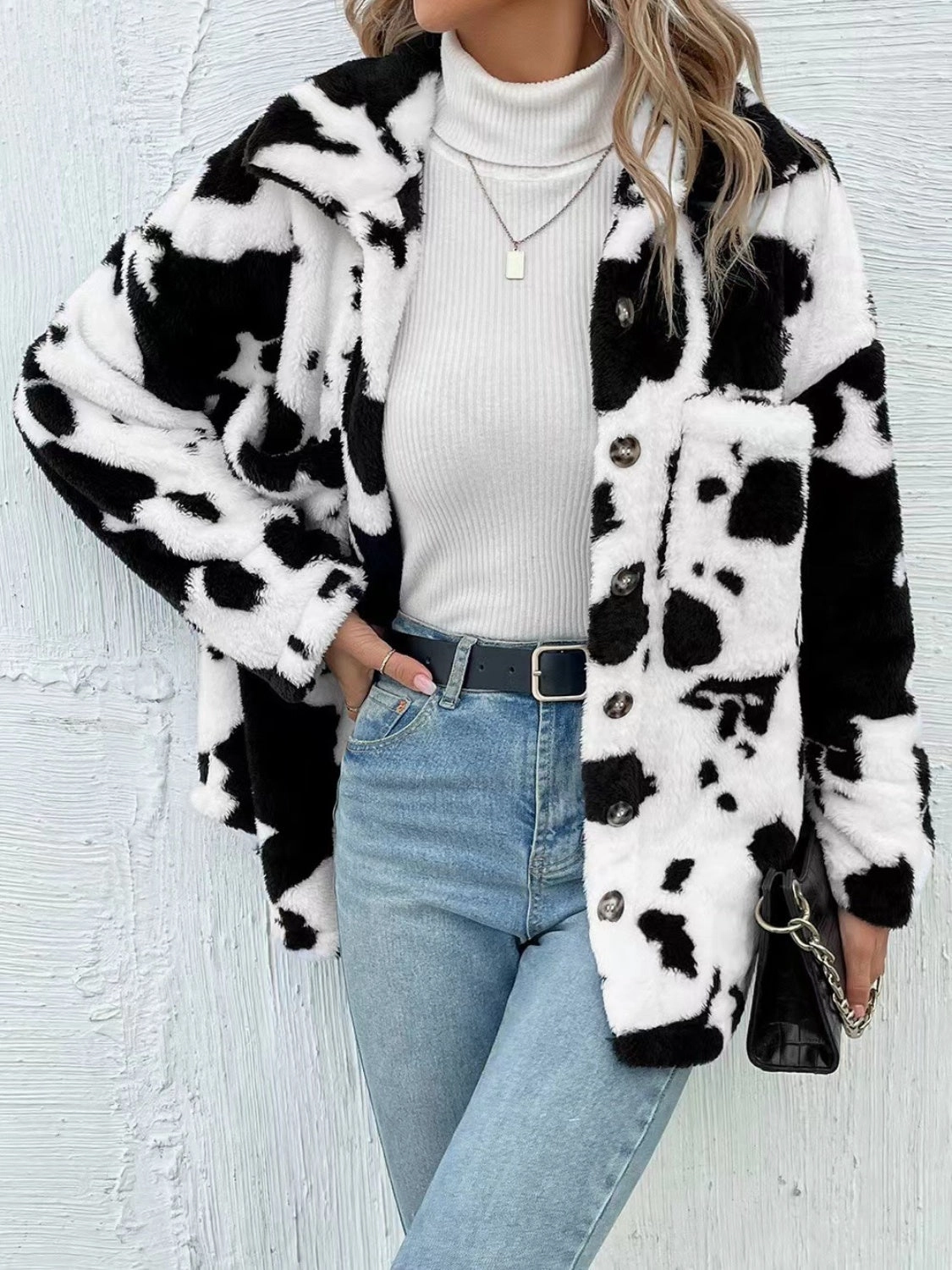 Cow Print Collared Neck Button Up Fuzzy Jacket Special Price Offer Today Only Savings