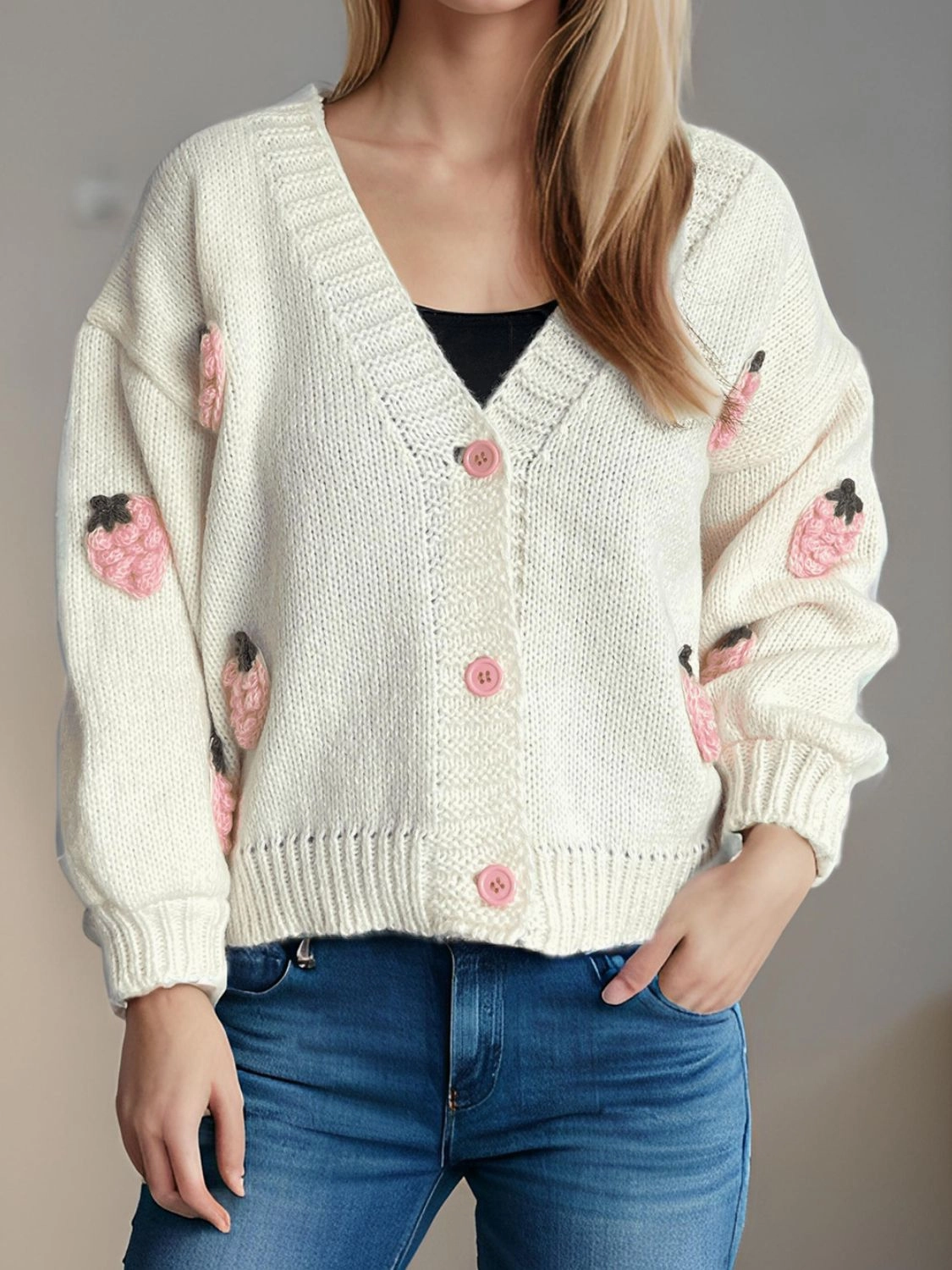 Crochet Strawberry V-Neck Long Sleeve Cardigan Today Only Steal