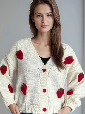 Crochet Strawberry V-Neck Long Sleeve Cardigan Mega Hot Offer Best Price Online