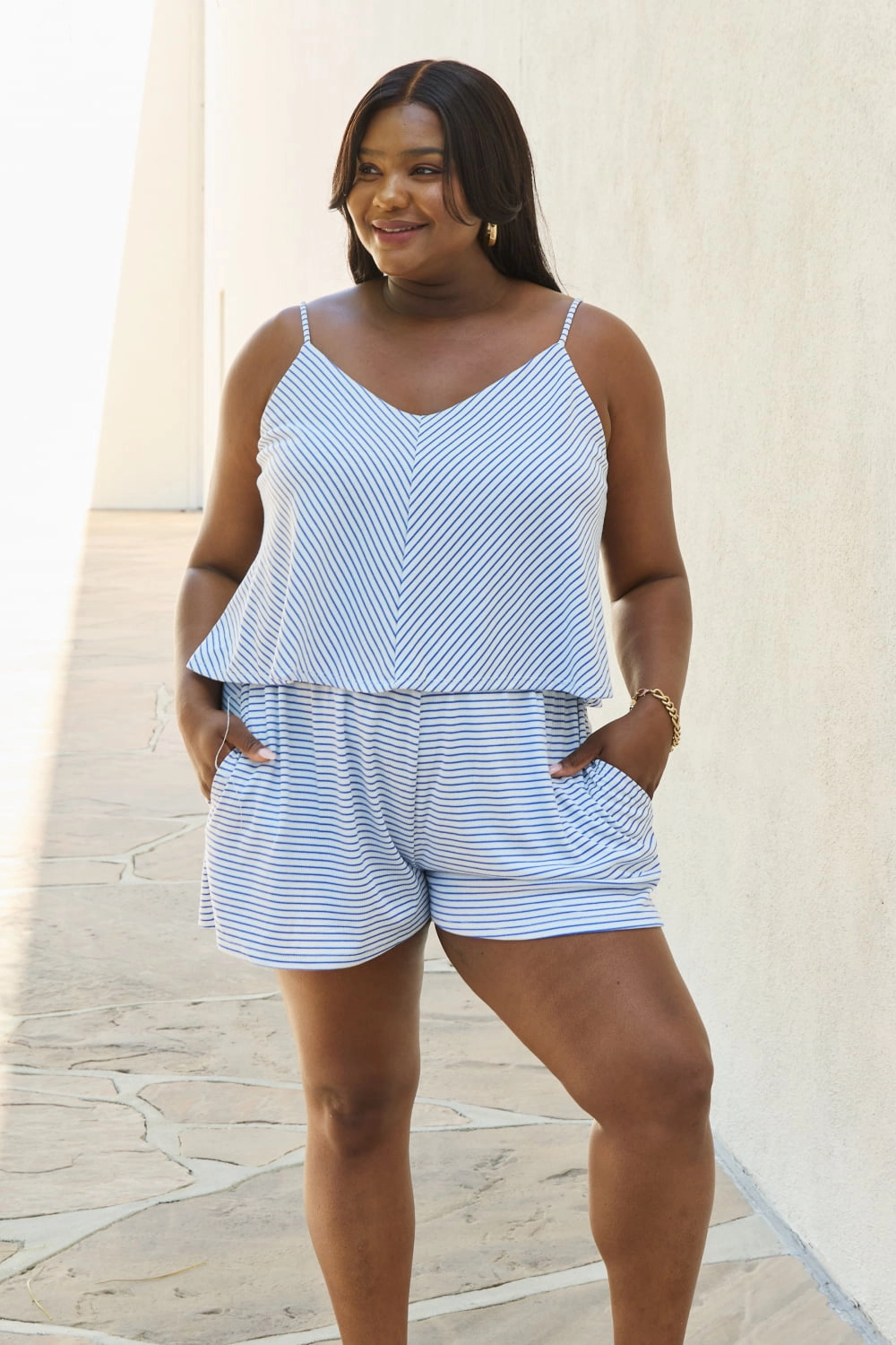 Save Big Today Culture Code Let It Happen Full Size Double Flare Striped Romper In Cobalt Blue