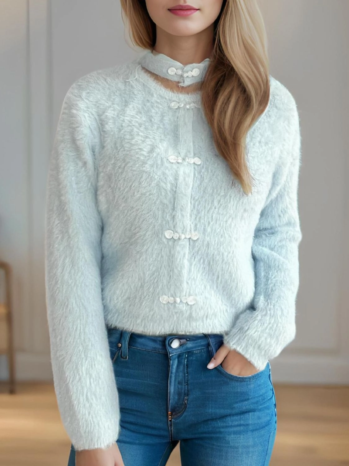 Online Deal Frenzy Cutout Knot Button Long Sleeve Cardigan