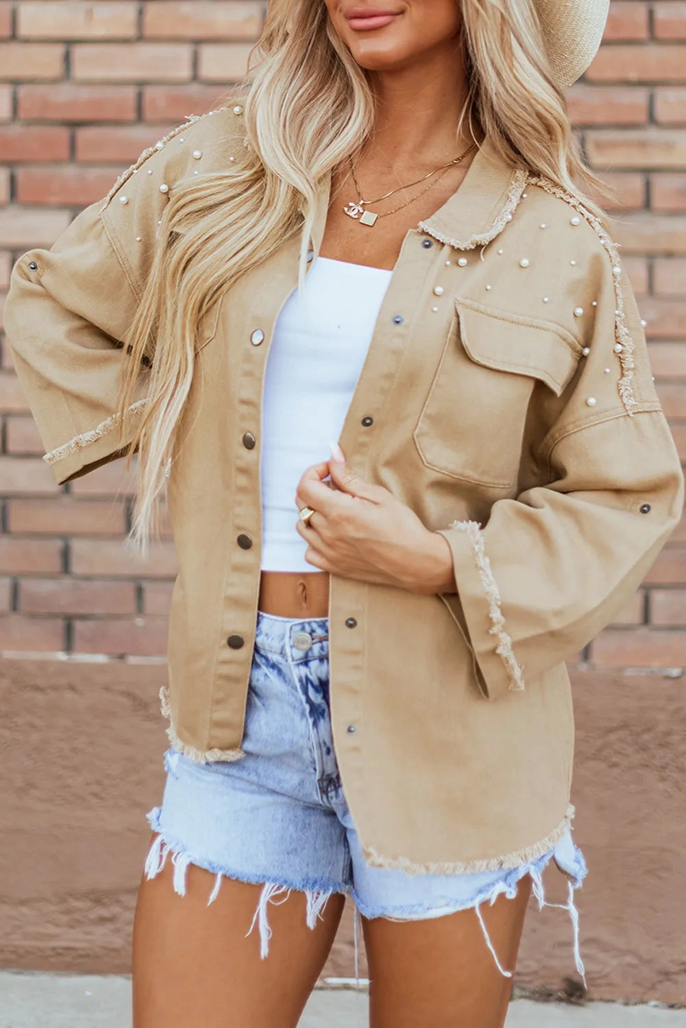 Raw Hem Pearl Trim Dropped Shoulder Denim Jacket Exclusive Online Deal